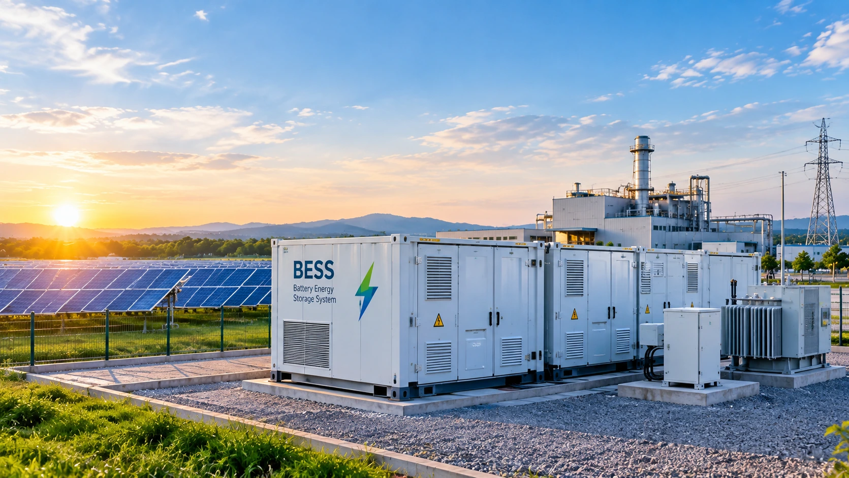 Concept illustration of containerized battery storage beside solar panels at an industrial facility